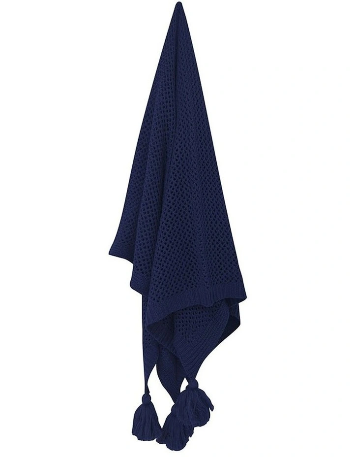 Hania Chunky Knit Throw Blanket With Tassels 152x127cm in Navy