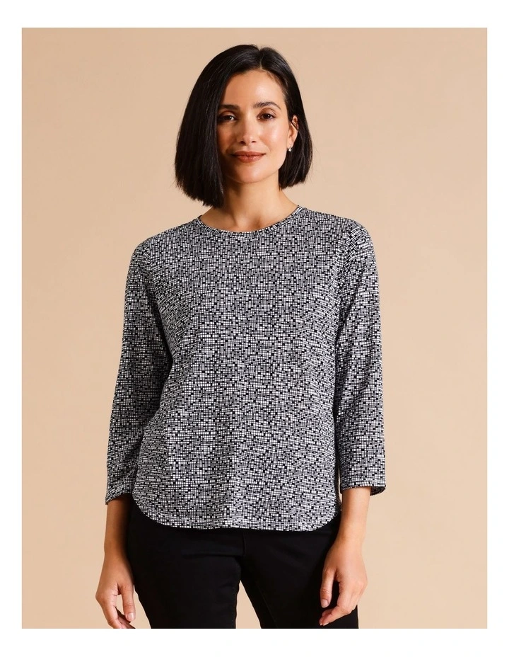 Organic Cotton Wardrobe Staple 3/4 Sleeve Tee In Black & White Grid Print
