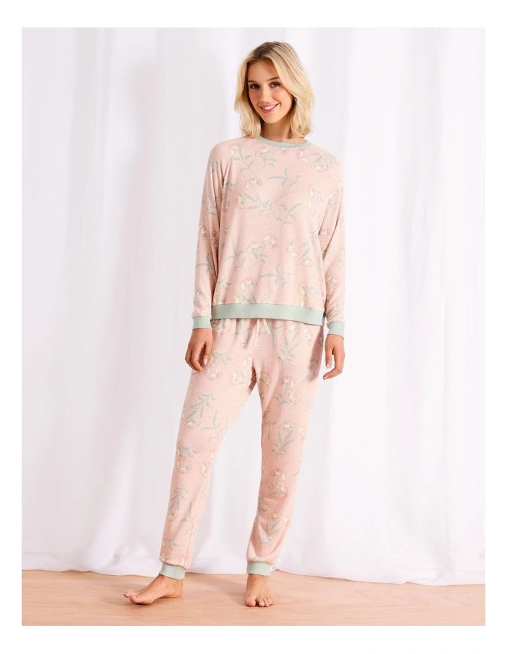 Brushed Knit Long Sleeve Top in Beige Floral