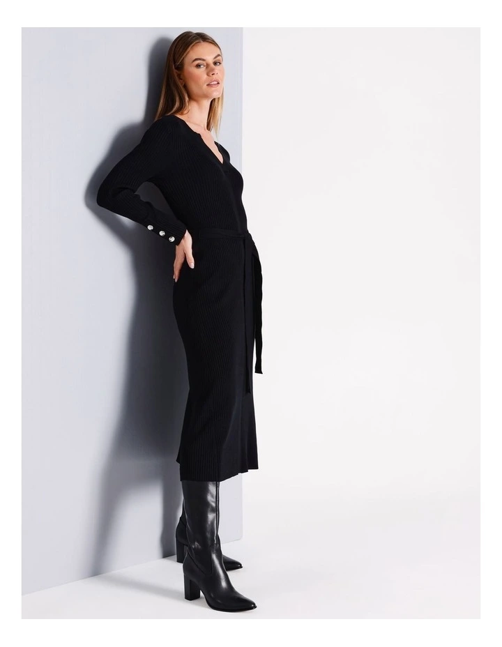 Rib Knit Midi Dress in Black