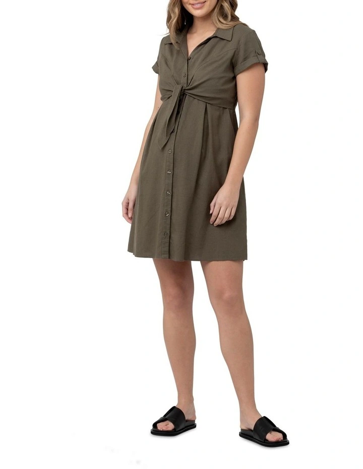 Colette Tie Up Linen Dress in Olive