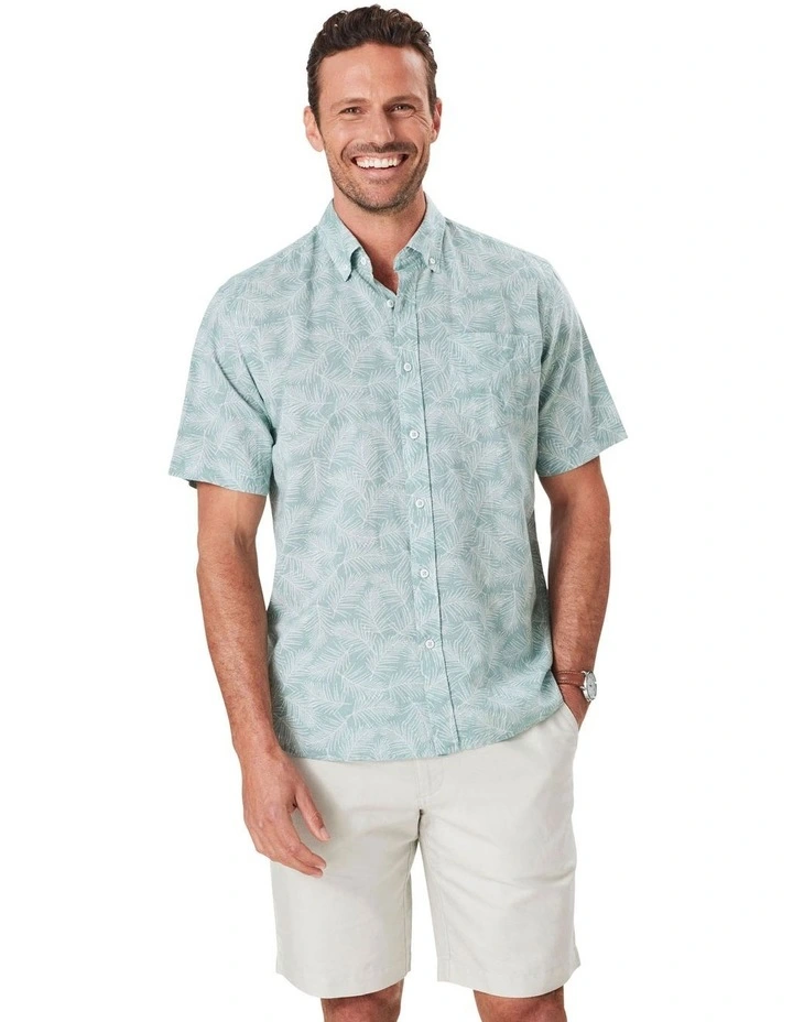 Linen Blend Leaf Print Short Sleeve Shirt in Sage