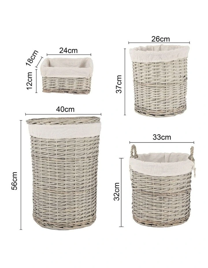 Wicker Storage Baskets with Liner Set 4 Piece in Grey