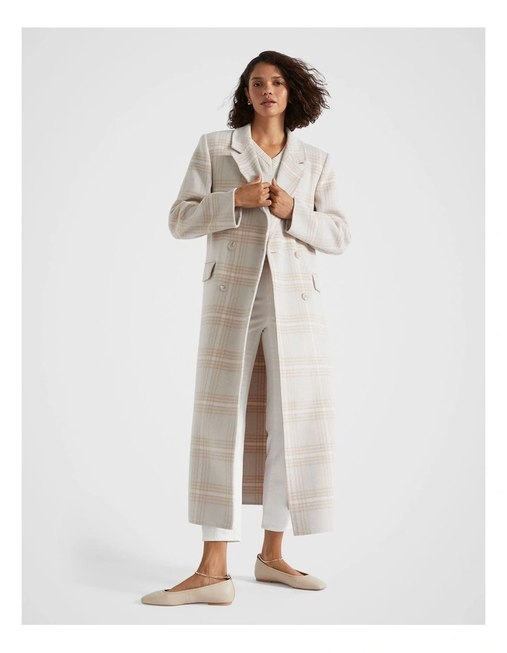 Wool Check Coat in Cream