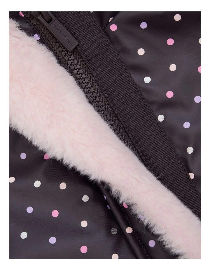 Recycled Polyester Fur Trim Raincoat in Multi Spot Black