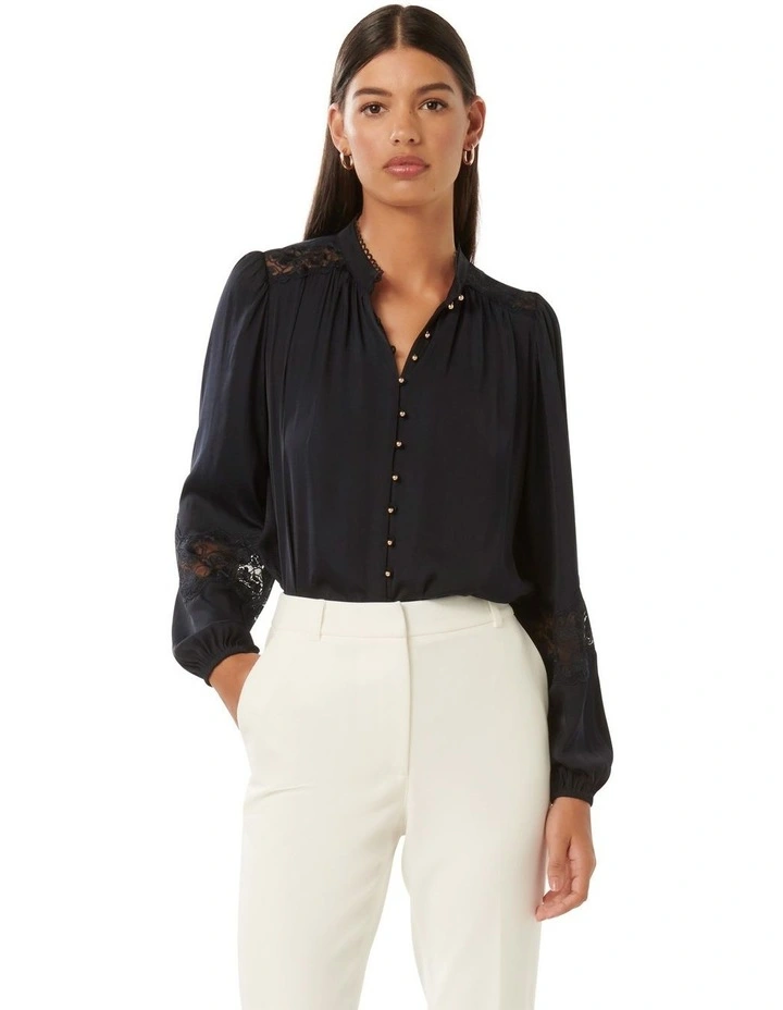 Annalise Lace Sleeve Blouse in Navy