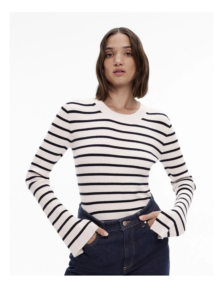 Stripe Wool Blend Crew Knit Top in Blue Night