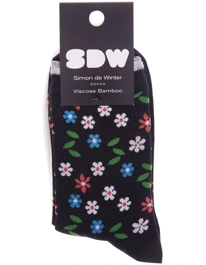 Patterned 3/4 Crew Socks 2 Pack in Ditsy Flowers Black/Ivory