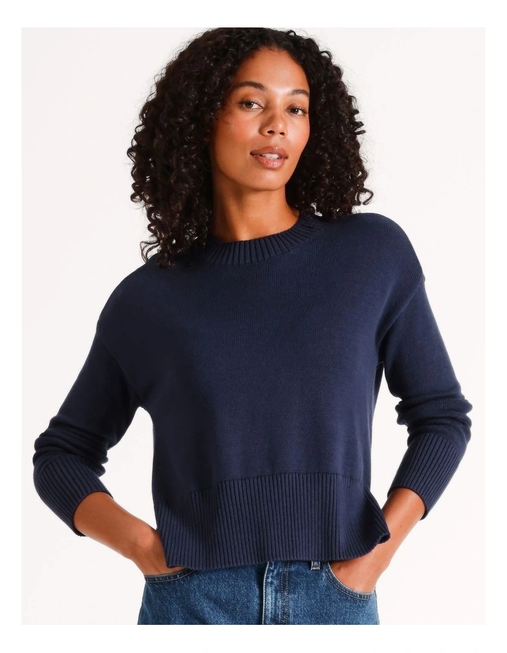 Organic Relaxed Step Hem Crew Neck Jumper in Navy