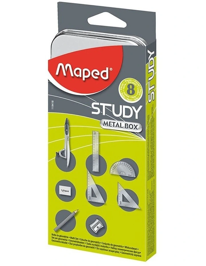 Mathematical Instruments Study Set With Metal Box 8 Piece