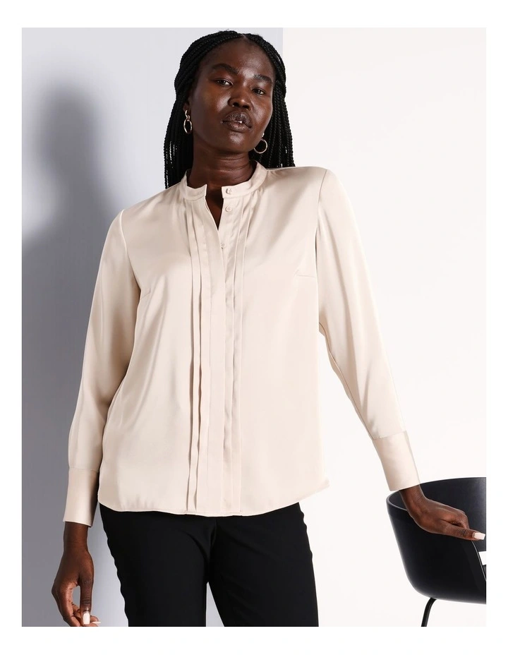 Recycled Satin Pintuck Shirt in Stone