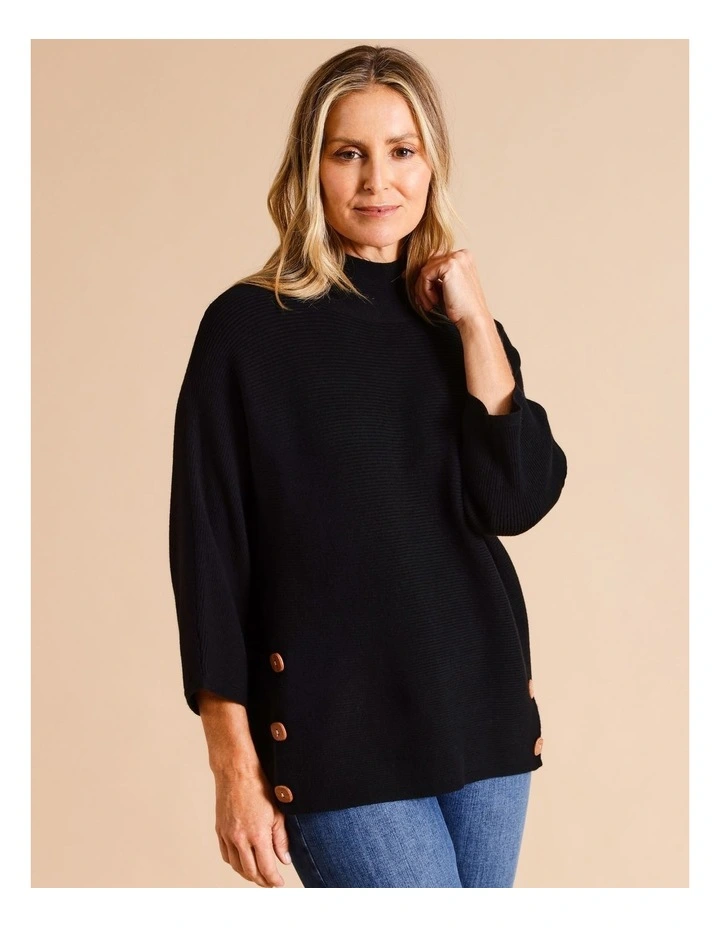 Sustainable Viscose Blend Button Side Magyar Sleeve Jumper In Black