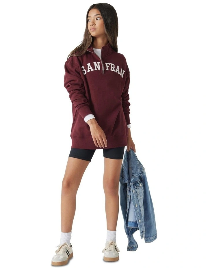 Crew Neck San Fran Zip Pullover in Burgundy