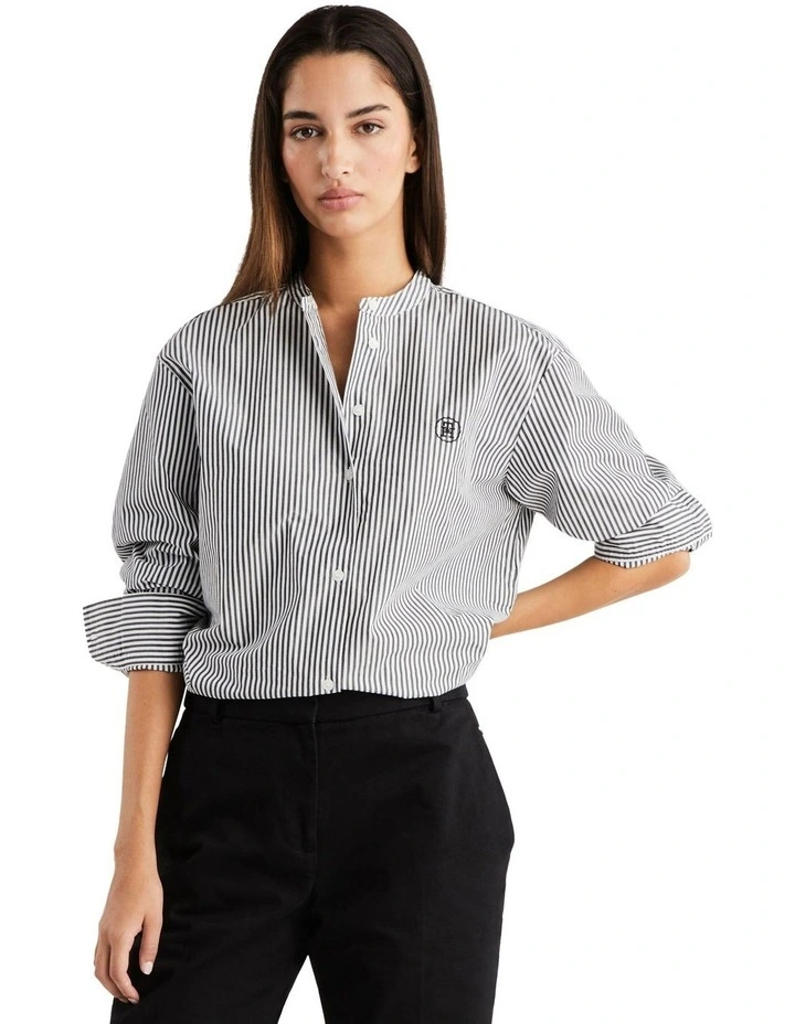 Stripe Collarless Oversized Fit Shirt in Black