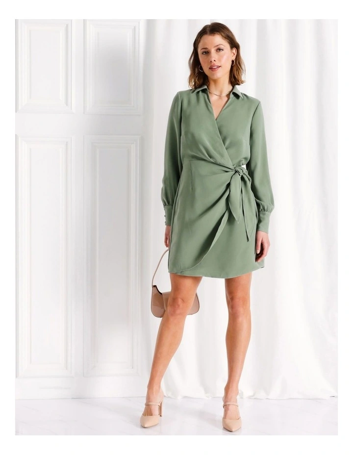 Recycled Blend Satin Mini Shirt Dress in Khaki