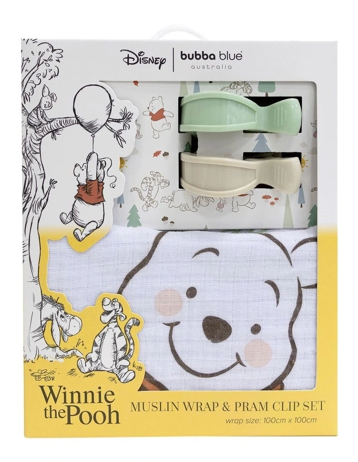 Winnie The Pooh Muslin Wrap and Pram Clips in White Multi