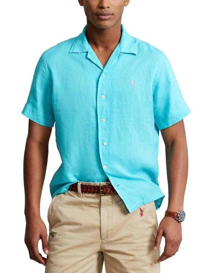 Classic Fit Linen Camp Shirt in Blue
