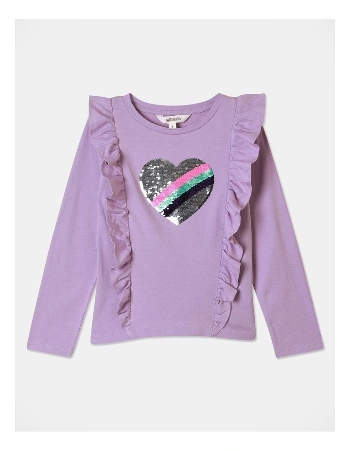 Heart Flip Sequin And Frill Shoulder Top in Lavender