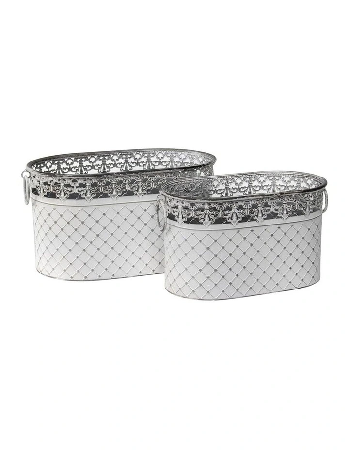 Nested Designer Oval Pot Planter Buckets Set of 2 in White