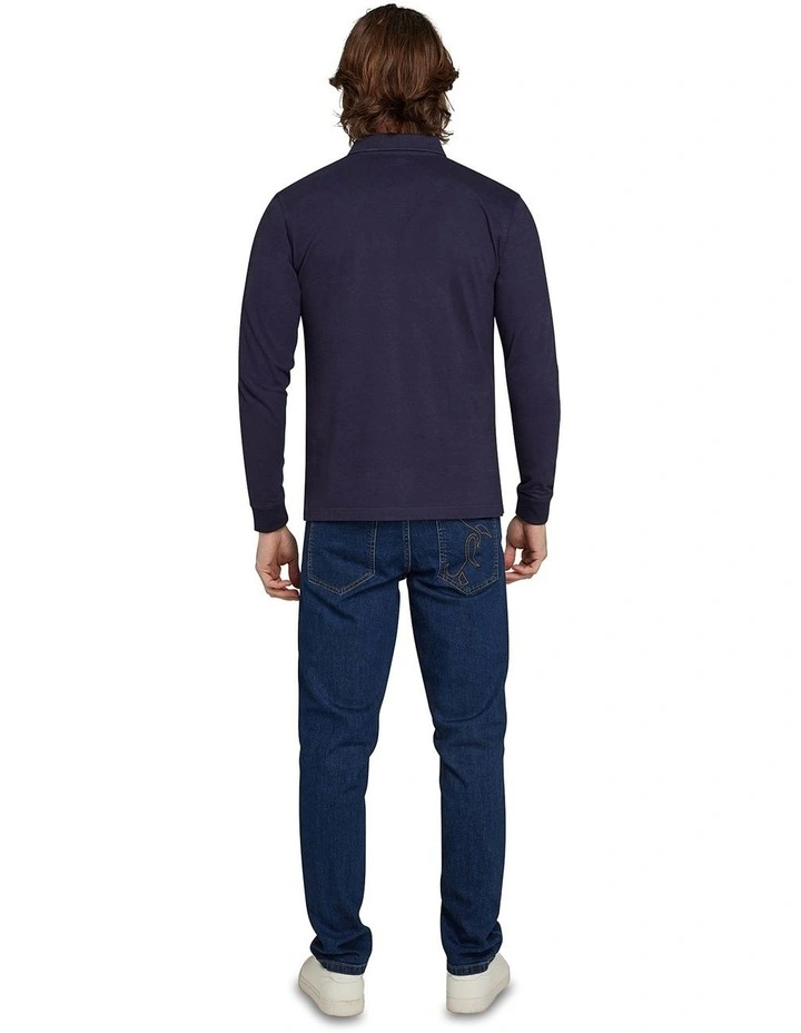 Classic Jersey Patch Long Sleeve Polo Shirt in Navy