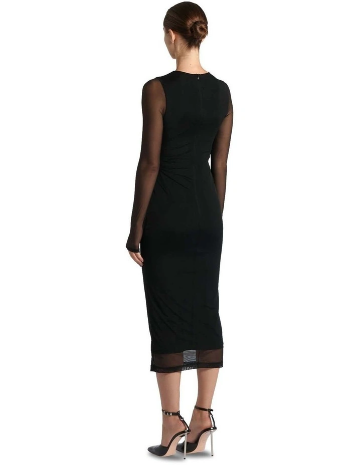 Gathered Mesh Pencil Dress in Black