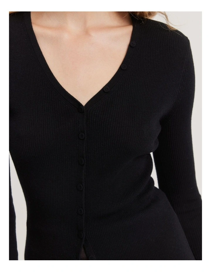 Australian Merino Wool Silk Rib Cardigan in Black