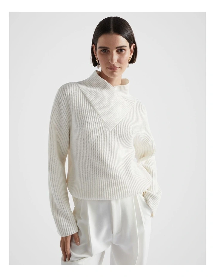 Wool Blend Wrap Neck Knit in Cloud Cream