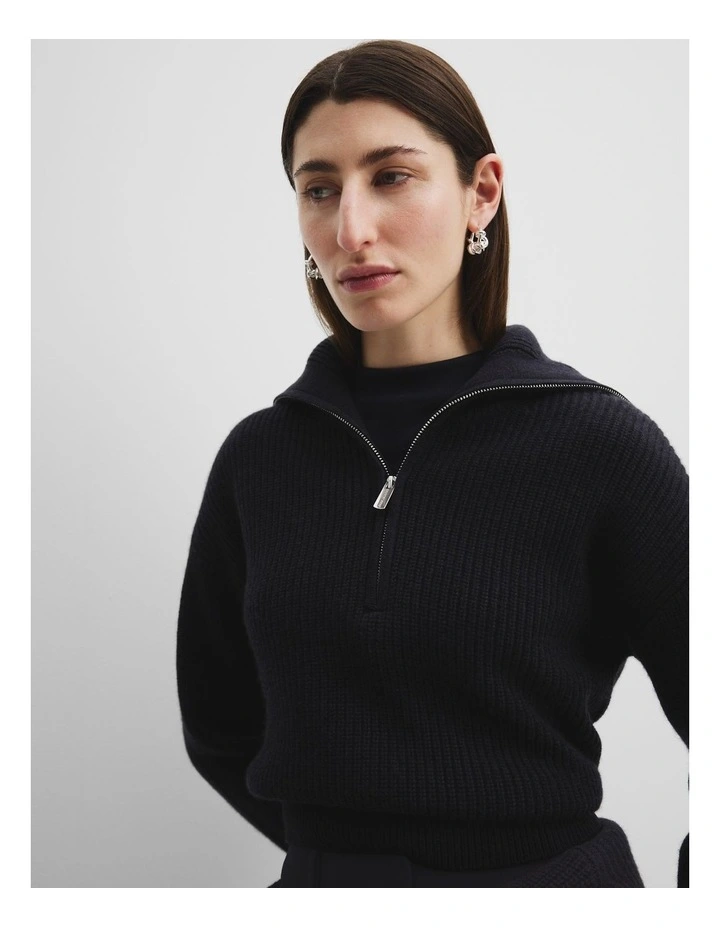 Organically Grown Cotton Blend Zip Neck Rib Knit in Midnight Blue