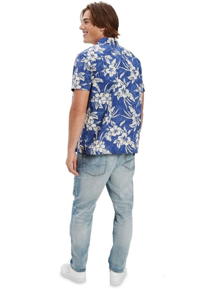 Tropical Button-Up Resort Shirt in Classic Blue