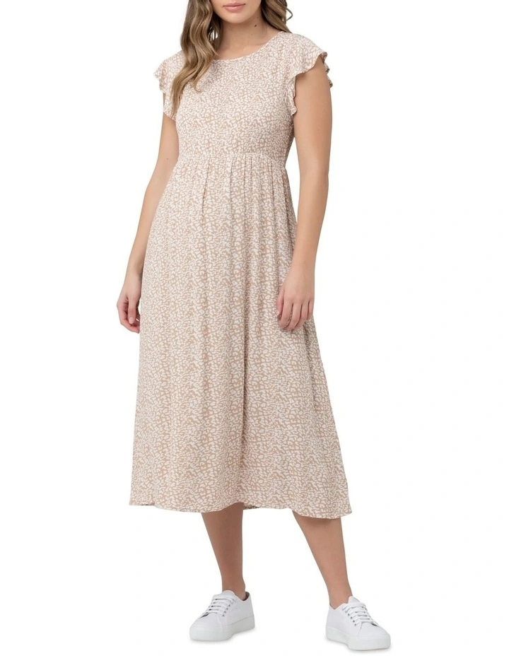 Erika Shirred Dress in Natural/White