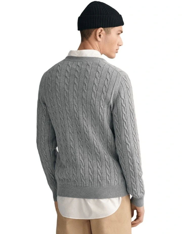 Cotton Cable Knit Crew Neck Sweater in Grey Melange