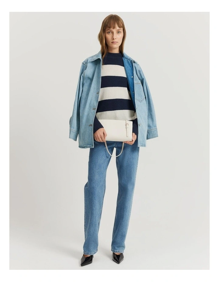 Australian Merino Wool Rib Detail Stripe Pullover in Navy Stripe