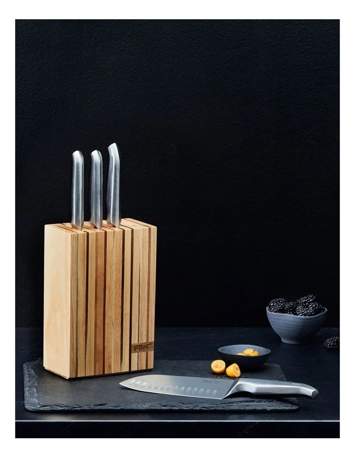 Wooden 5 Piece Knife Block Set in Natural/Stainless Steel