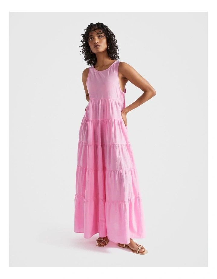 Voile Tiered Midi Dress in Pink