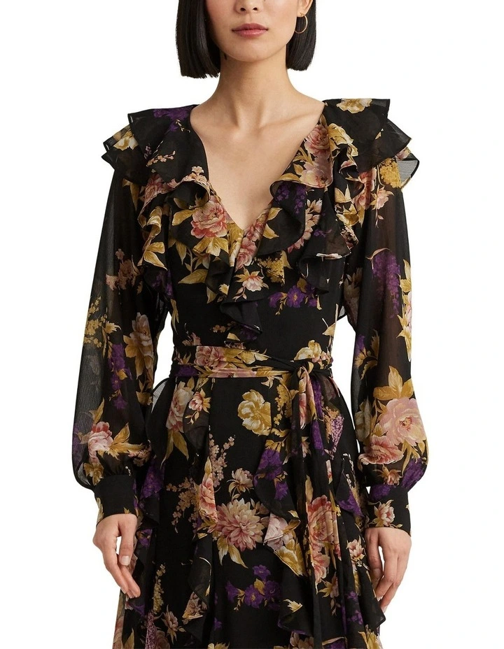 Floral Ruffle-Trim Georgette Dress in Black