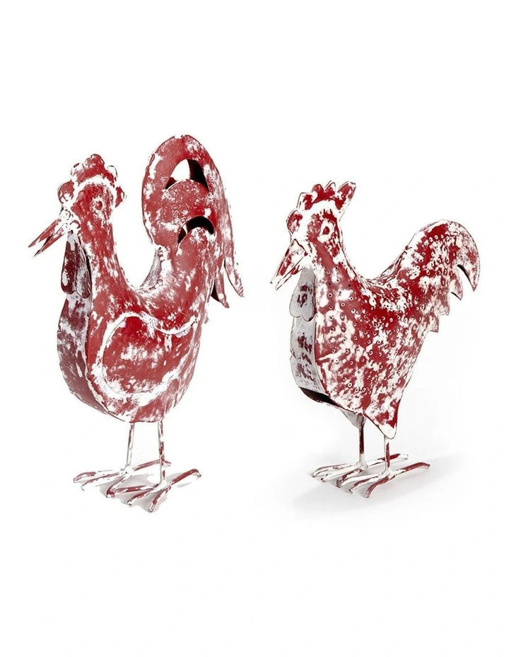 Rooster & Chook Garden Decor Set of 2 in Distressed Red
