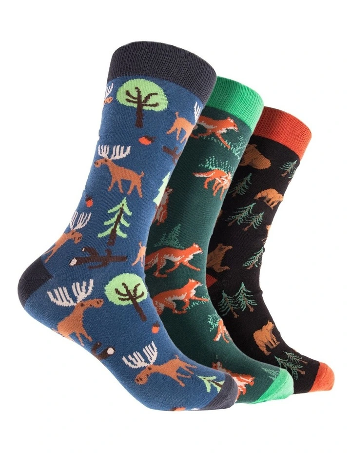 Forest Folk Cotton Crew Socks 3 Pack in Blue/Green