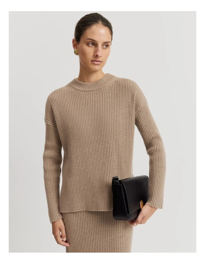 Organically Grown Cotton Cashmere Blend Crew Neck Rib Knit in Fawn