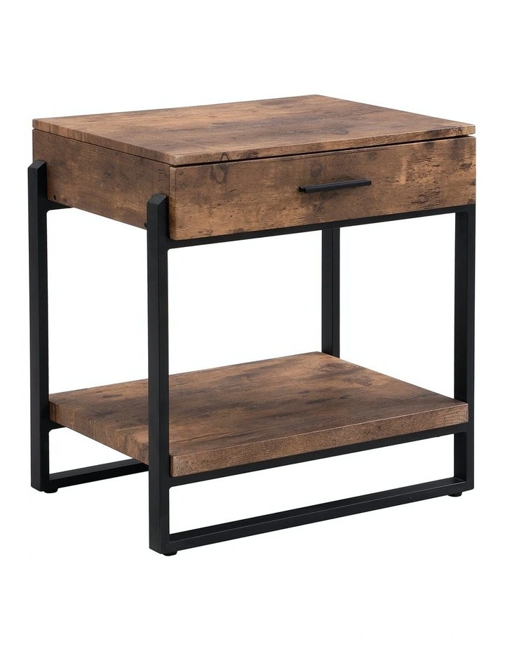Industrial Wood and Metal Nightstand with Drawer in Rustic Dark Brown