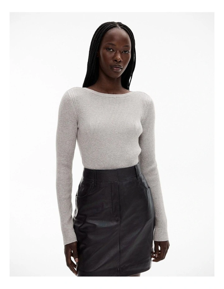 Wool Blend Boat Neck Knit Jumper in Mid Grey Marle