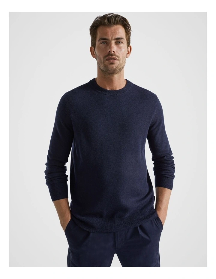 Merino Wool Crew Neck Knit in Midnight Blue