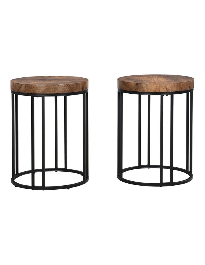 Round Side Table Set of 2 in Rustic Dark Brown