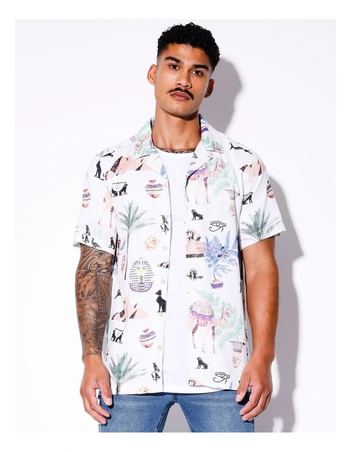Frozen Hell Print Short Sleeve Linen Blend Shirt in Beige