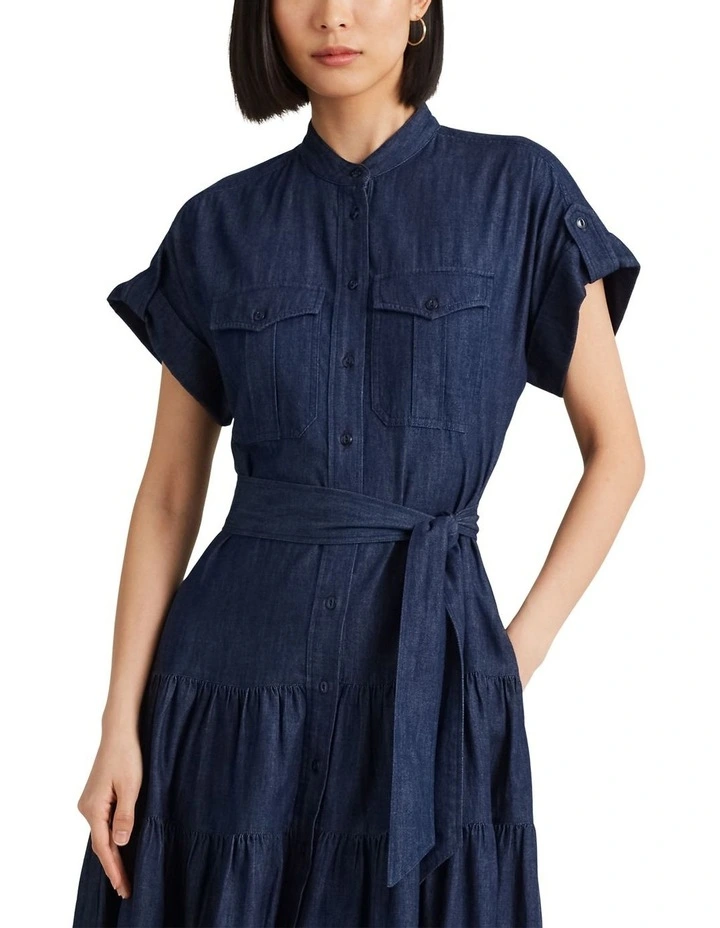 Belted Denim Tiered Shirtdress in Blue