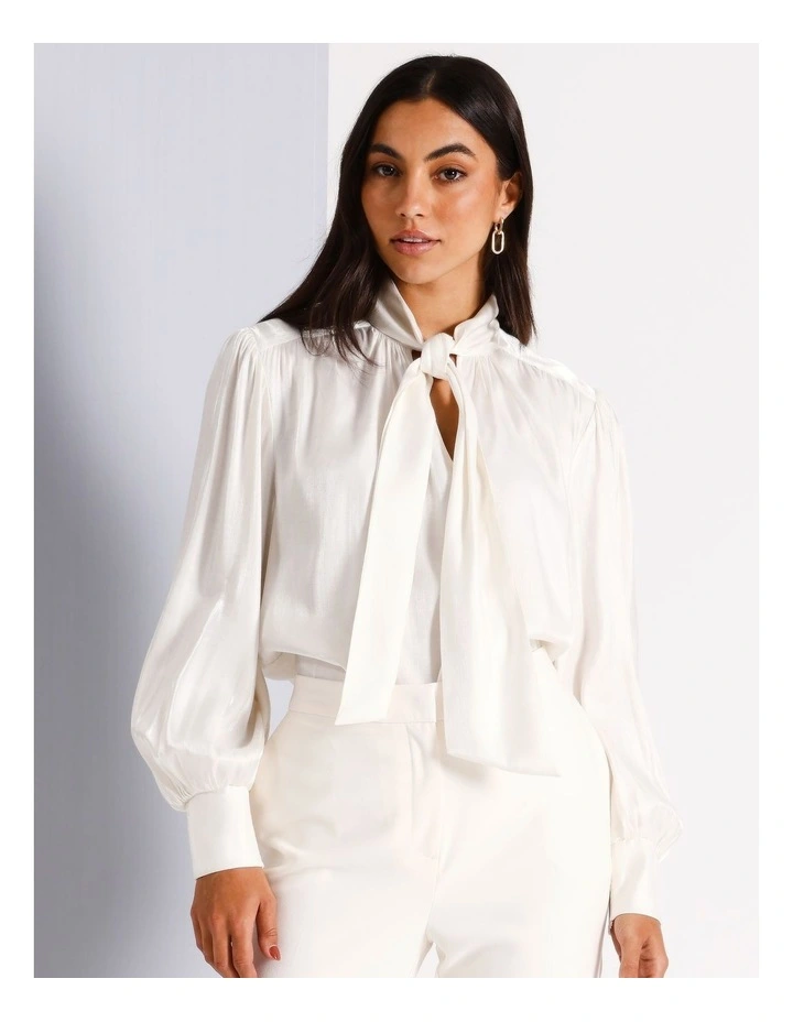Liquid Satin Tie Neck Blouse in Ecru