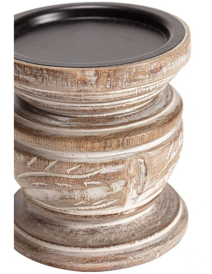 Willow & Silk Handcrafted Mangowood Carved Pillar Candleholder 10.5cm