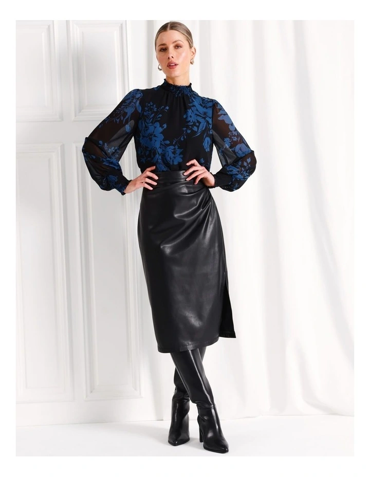 Recycled High Neck Shirred Top in Black