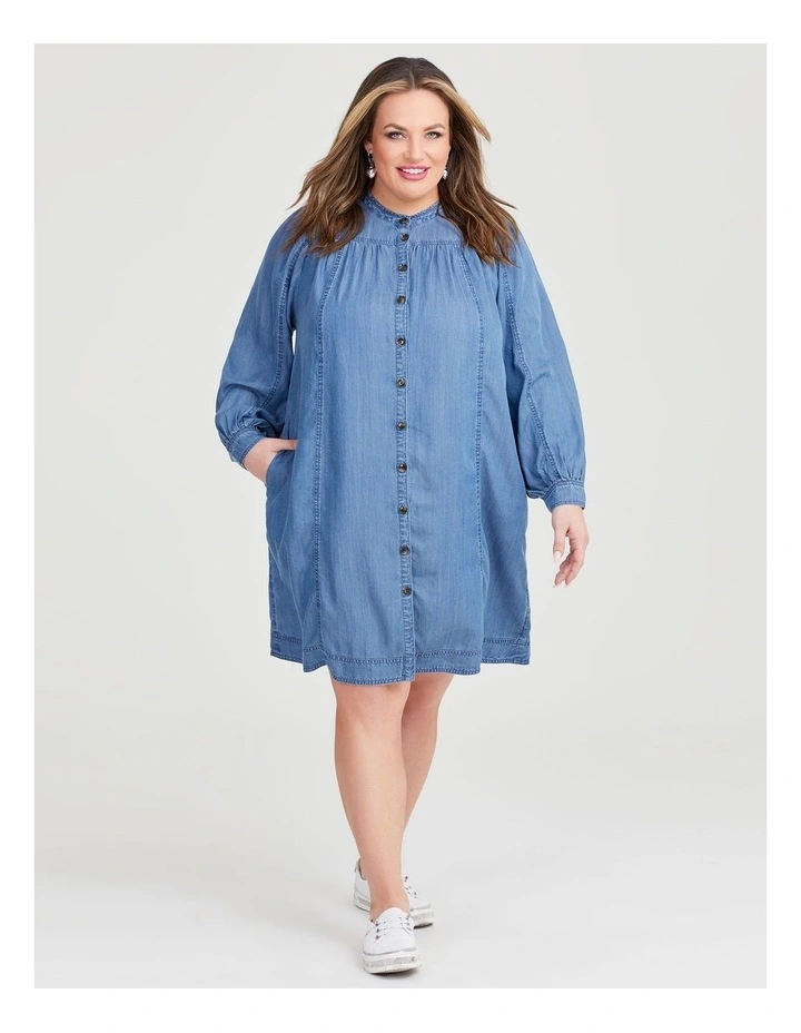 Chambray Button Thru Dress in Mid Blue