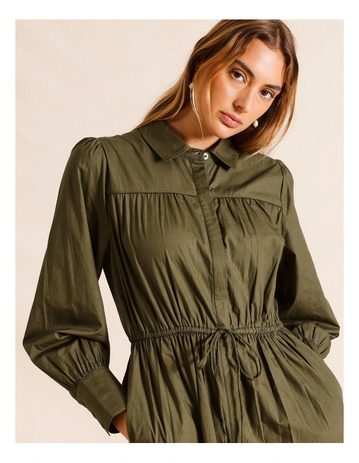 Drawstring Maxi Shirt Dress in Khaki