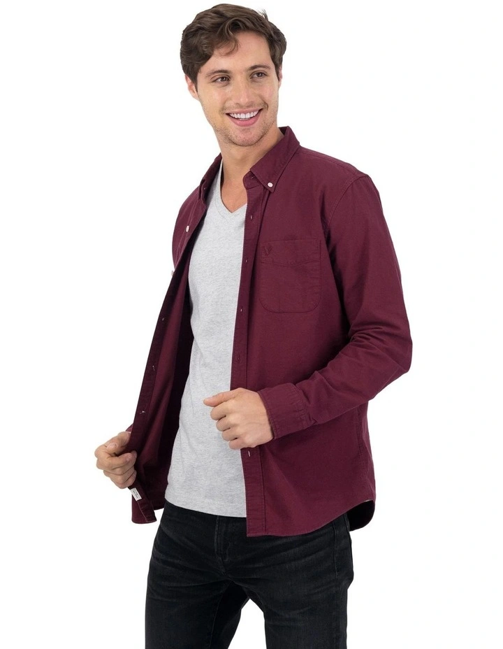 Slim Fit Oxford Button Up Shirt in Burgundy
